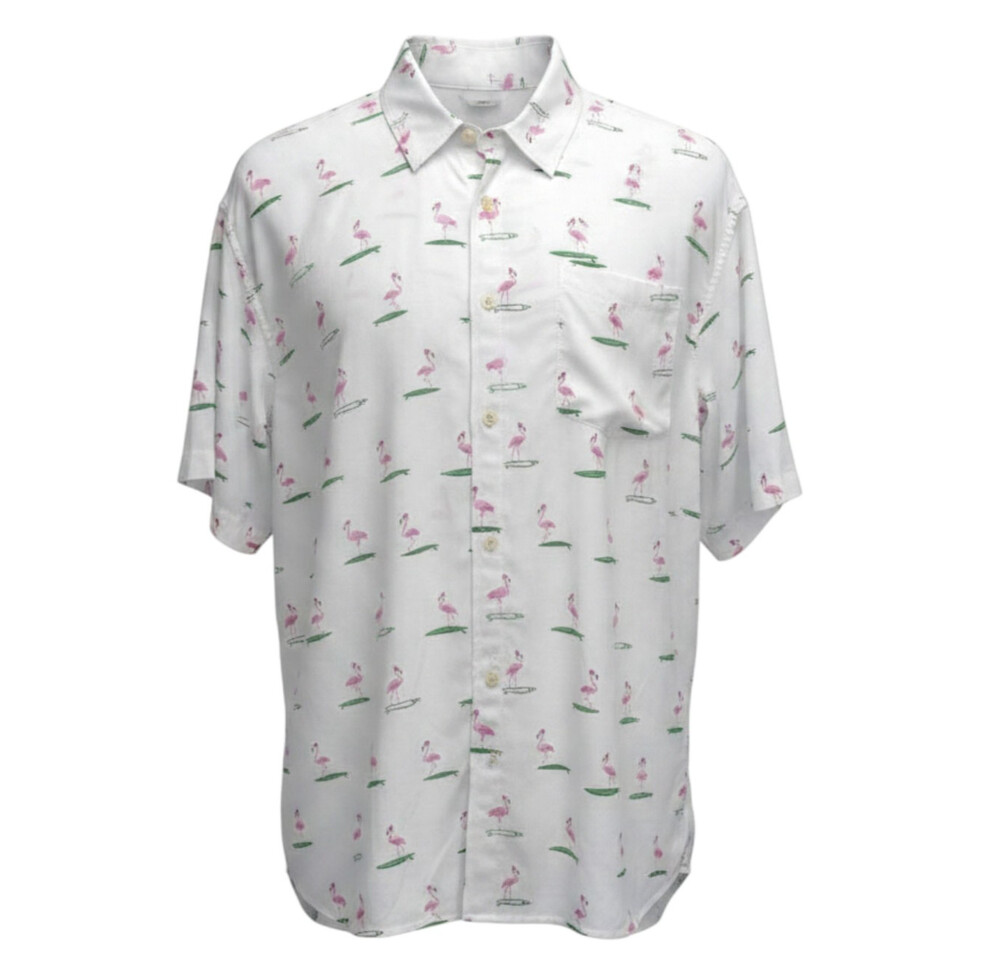Kenny Flowers Men's XXL Casual Button Down Shirt White Pink Tropical Flamingo